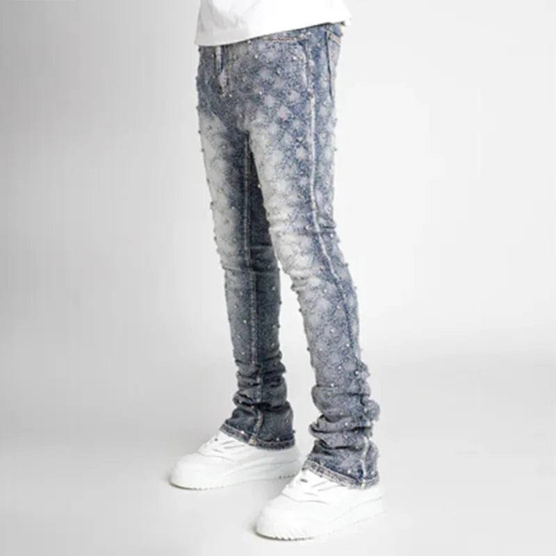 Stretchy Pearls Skinny Jeans For Men 2024 New Fashion Fashion Rhinestone European Street Personality Stacked Denim Pants