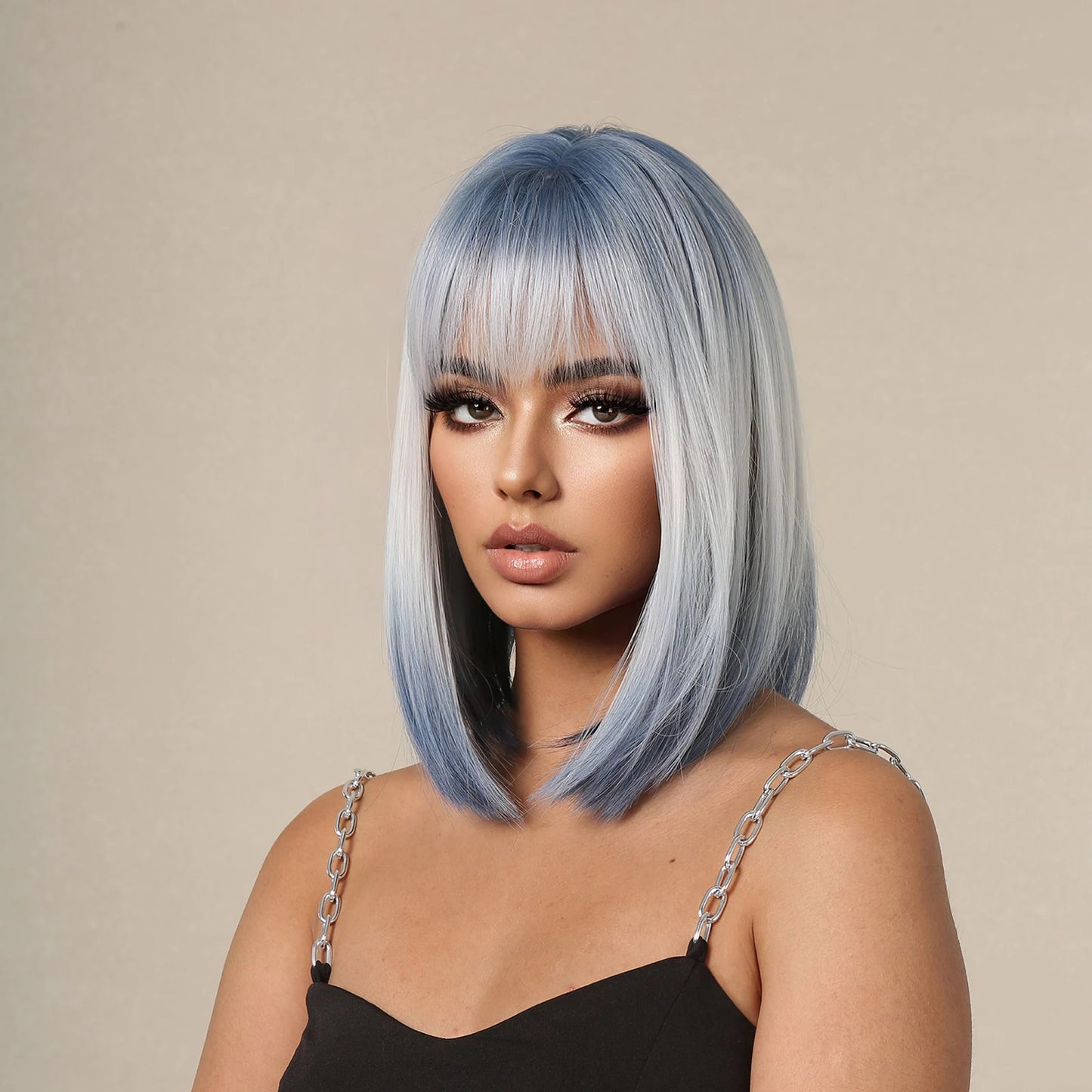 Synthetic Wigs Short Ombre Sky Blue White Wig with Bangs Straight Blunt Bob Cut Hair for Women Halloween Cosplay Heat Resistant