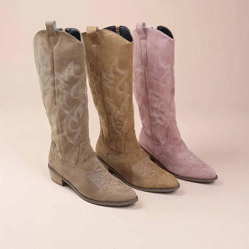 Embroidered Western Cowboy Boots for Women - Pointed Toe Knee High Boots with Thick Heel
