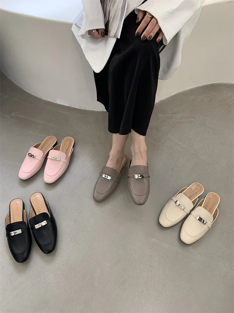 2025 Summer Autumn New Women's Leather Comfortable Slip On Slippers Daily Metal Decoration Casual Outside Mules Female Sandals