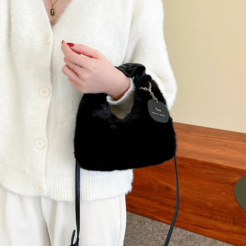 Women Faux Fur Plush Handbags Ruched Handle Small Lady Shoulder Crossbody Bag Casual Half-Moon Hobos Winter Bags for Women