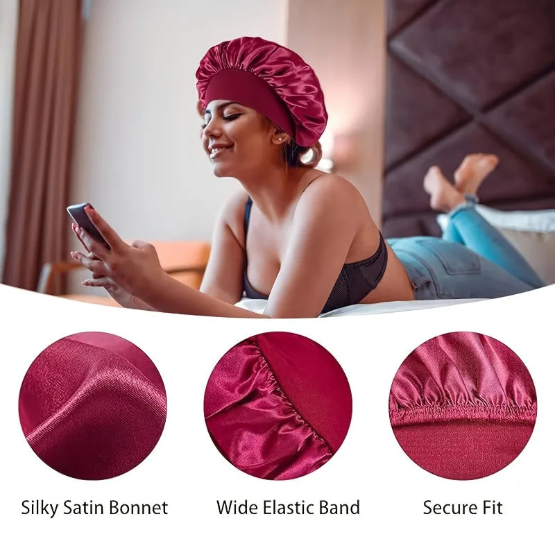 Women Satin Bonnet Wide Band Elastic Sleep Cap Hair Care Head Wrap Beauty Spa Bathing Hat Night Sleeping Cap for Curly Long Hair