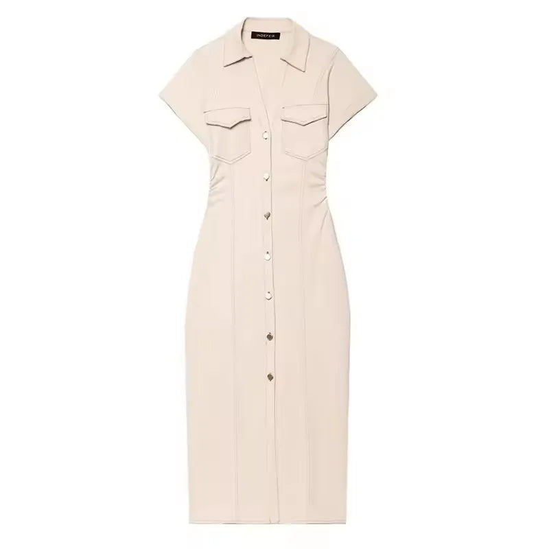 Denim Midi Dress - Women's Ruched Short Sleeve Casual Streetwear Dress