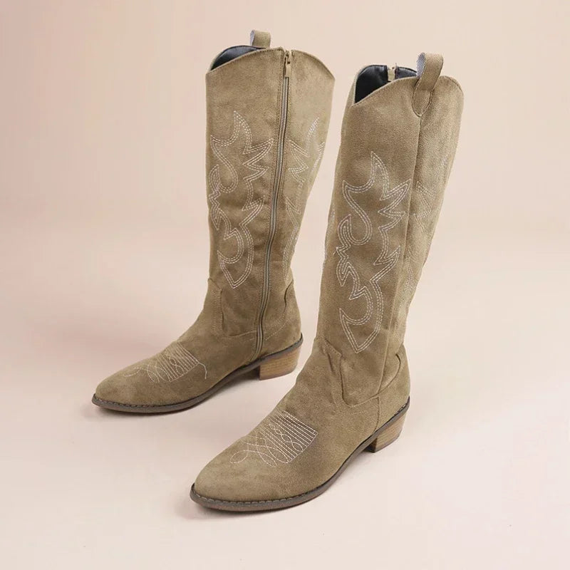 Embroidered Western Cowboy Boots for Women - Pointed Toe Knee High Boots with Thick Heel