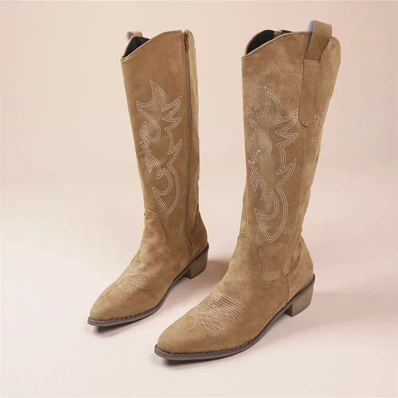 Embroidered Western Cowboy Boots for Women - Pointed Toe Knee High Boots with Thick Heel