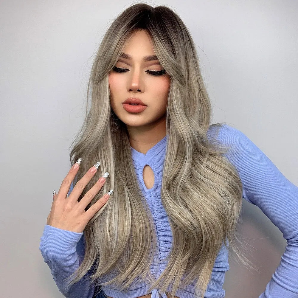Brown Blonde Ombre Natural Hair Wigs for Women Long Wavy With Dark Roots Synthetic Wig for Women Heat Resistant Coaplay Wigs