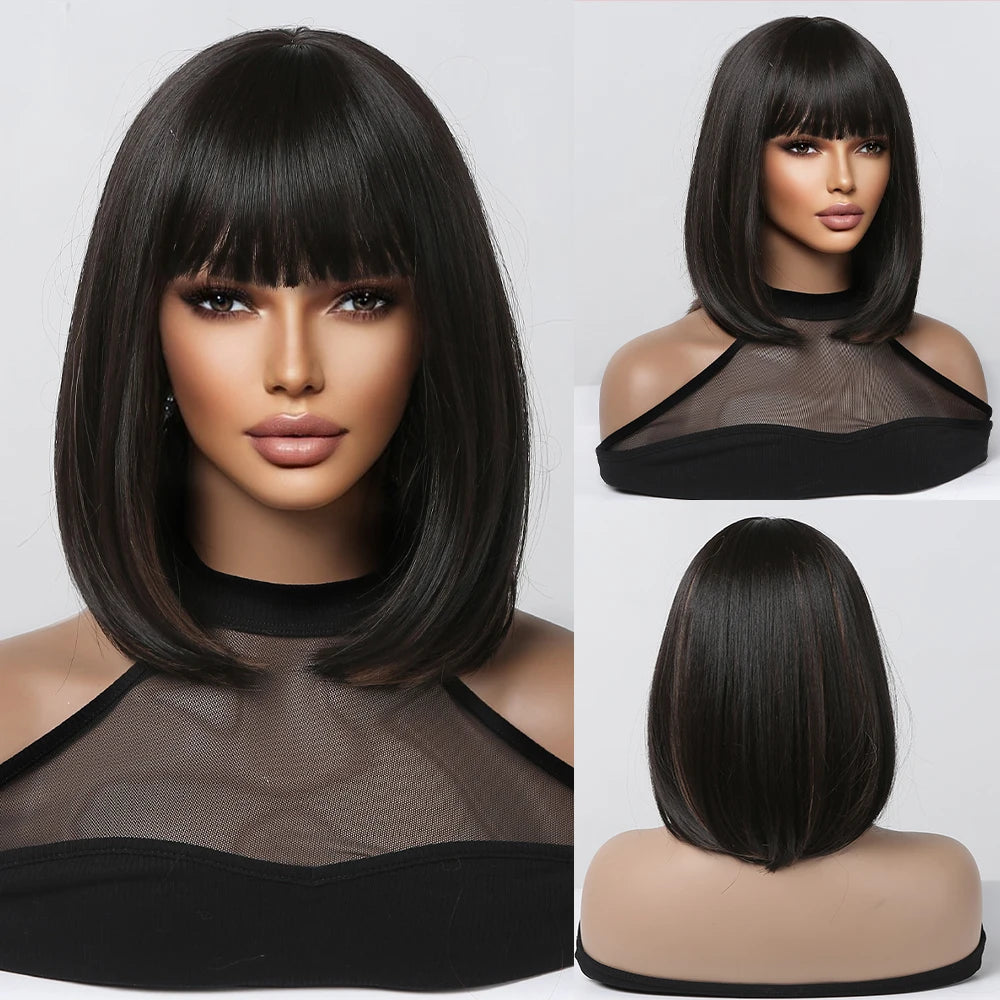 Synthetic Wigs Short Ombre Sky Blue White Wig with Bangs Straight Blunt Bob Cut Hair for Women Halloween Cosplay Heat Resistant