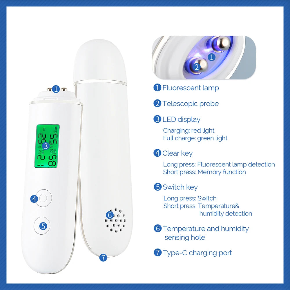Skin Tester Face Skin Moisture&Oil Content Skin Analyzer Skin Water Cheek Elastic Skin Age Test Meter Fluorescent Agent Detector