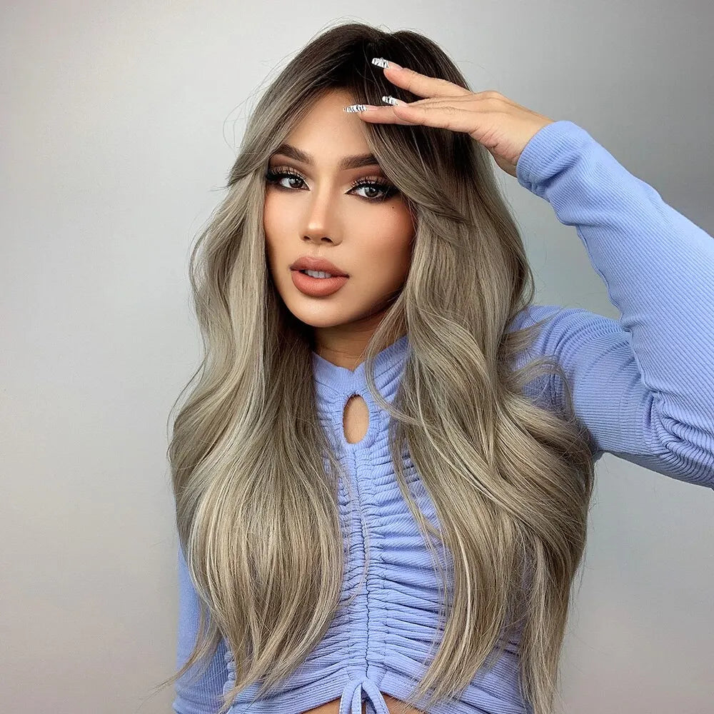 Brown Blonde Ombre Natural Hair Wigs for Women Long Wavy With Dark Roots Synthetic Wig for Women Heat Resistant Coaplay Wigs