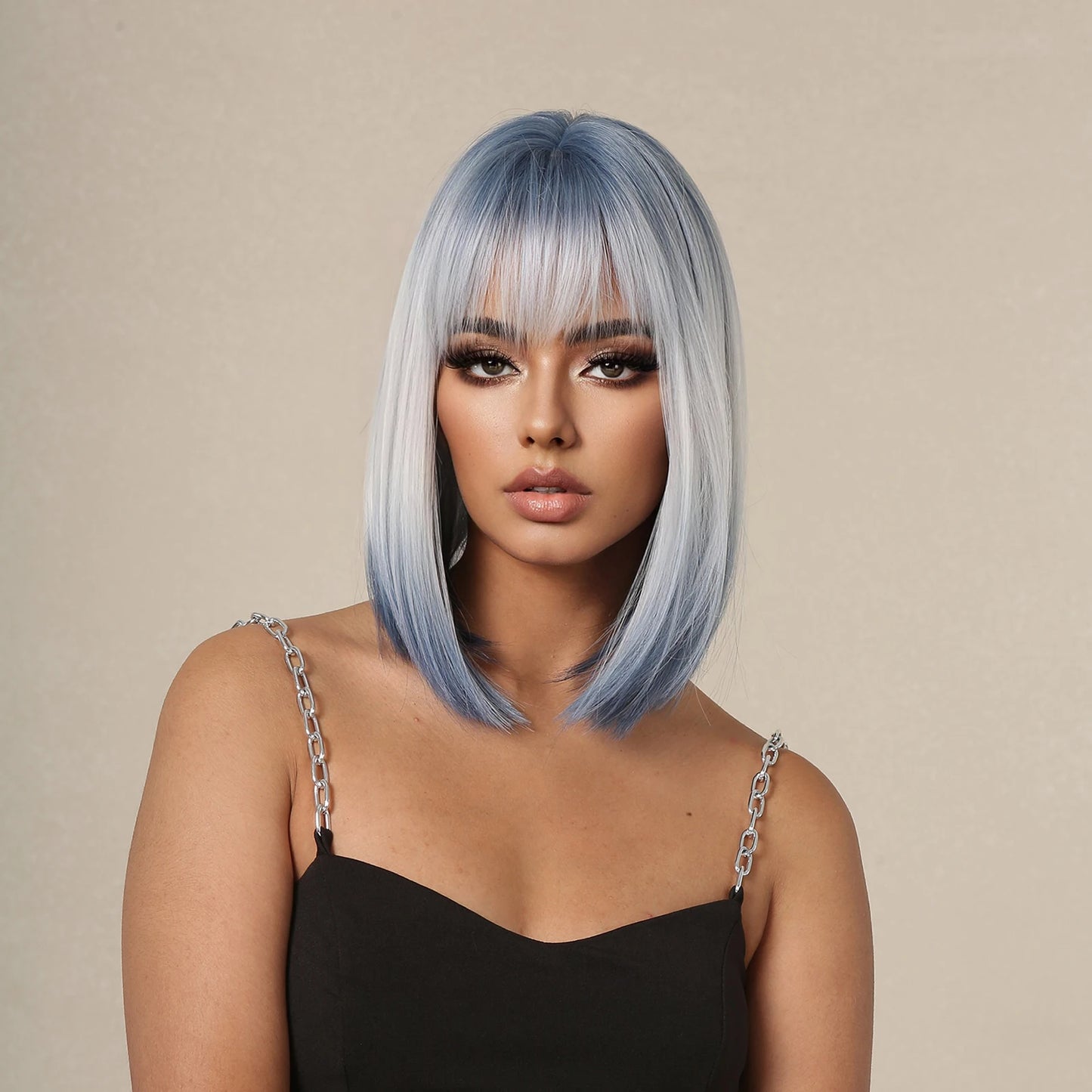 Synthetic Wigs Short Ombre Sky Blue White Wig with Bangs Straight Blunt Bob Cut Hair for Women Halloween Cosplay Heat Resistant