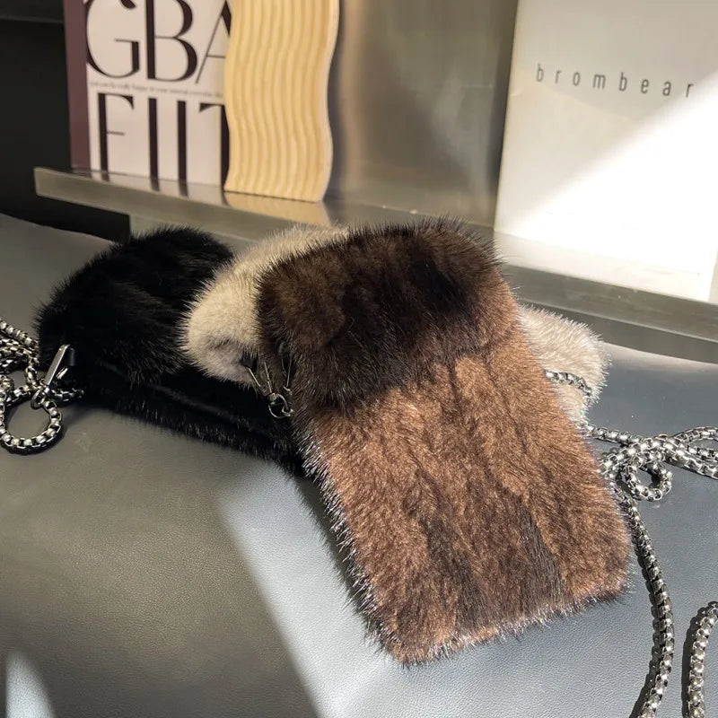 Real Mink Fur Bag Crossbody Bags For Women Phone Bag Lady Shoulder Bags Real Fur Bag Female Messenger Bag Winter Handbag Ladies