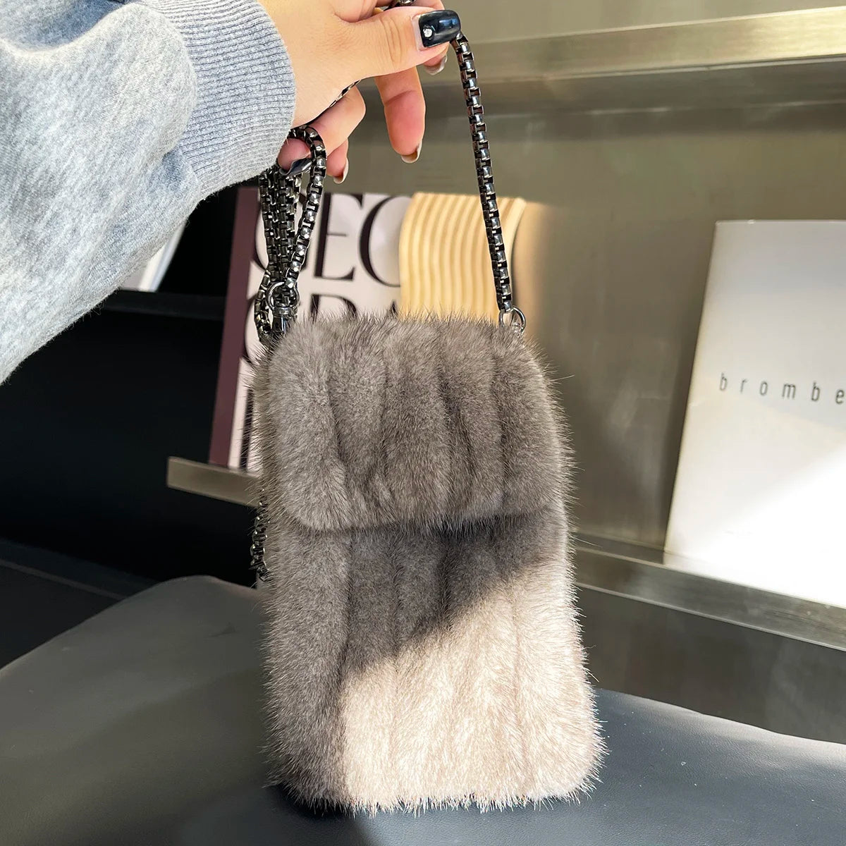 Real Mink Fur Bag Crossbody Bags For Women Phone Bag Lady Shoulder Bags Real Fur Bag Female Messenger Bag Winter Handbag Ladies