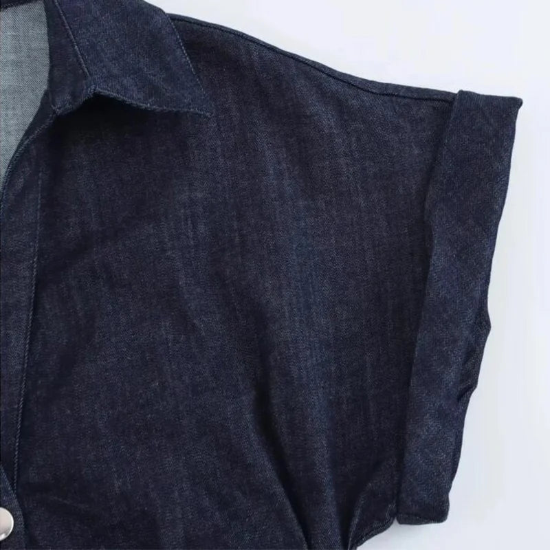 Denim Midi Dress - Women's Ruched Short Sleeve Casual Streetwear Dress