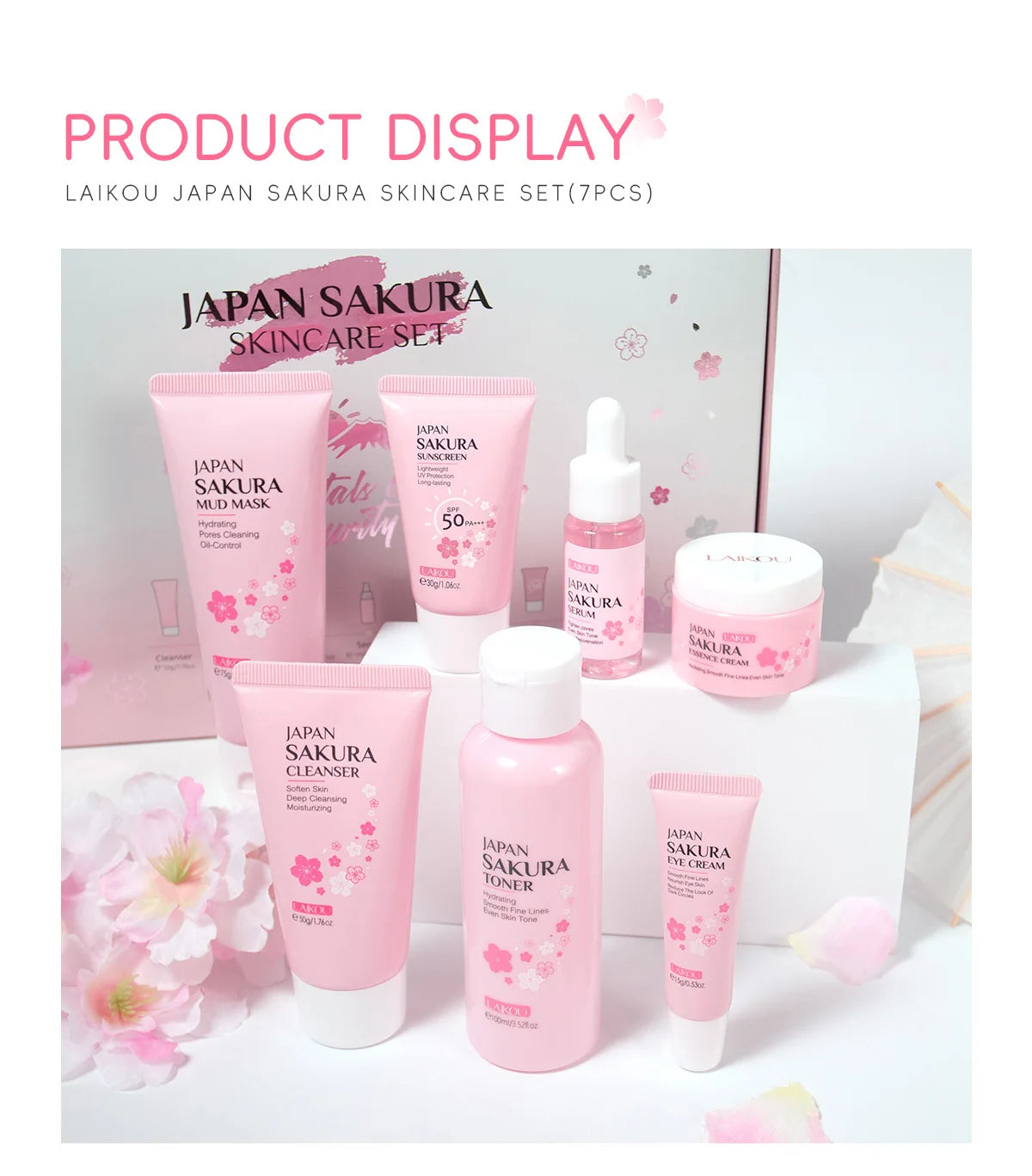 Korean Sakura Skincare Set Hydration Moisturize Cleanse Pores Sunscreen Protection Cosmetic Beauty