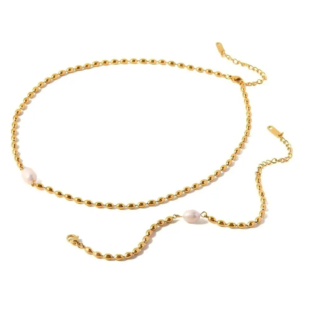 Statement Natural Pearl Charm Beaded Stainless Steel Necklace for Women Gold Color Collarbone Chain Minimalist Jewelry Set