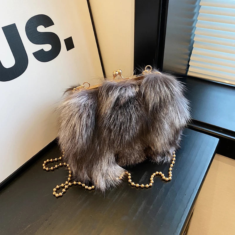 Luxury Soft Plush Evening Bags For Elegant Women Fox Fur Dinner Party Clutch Chain Crossbody Winter Warm Luxury Designer Handbags