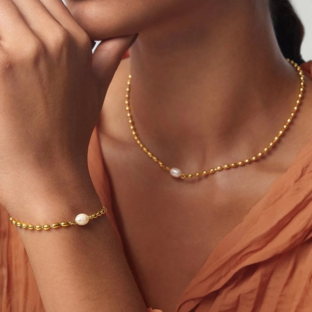 Statement Natural Pearl Charm Beaded Stainless Steel Necklace for Women Gold Color Collarbone Chain Minimalist Jewelry Set