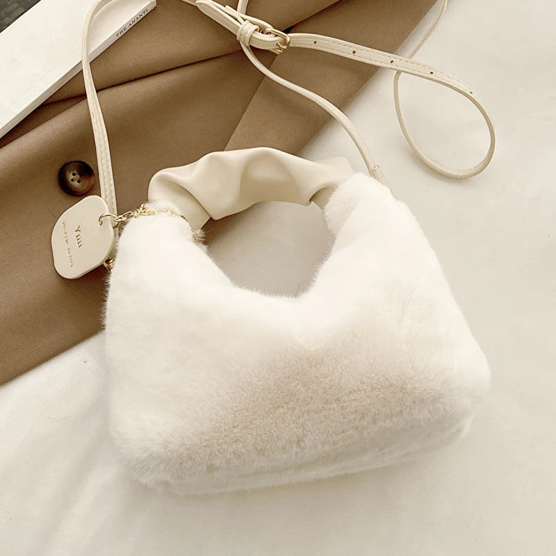 Women Faux Fur Plush Handbags Ruched Handle Small Lady Shoulder Crossbody Bag Casual Half-Moon Hobos Winter Bags for Women