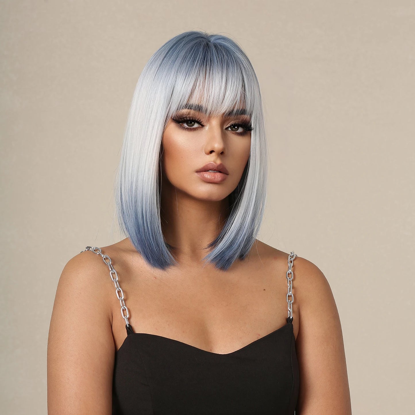 Synthetic Wigs Short Ombre Sky Blue White Wig with Bangs Straight Blunt Bob Cut Hair for Women Halloween Cosplay Heat Resistant