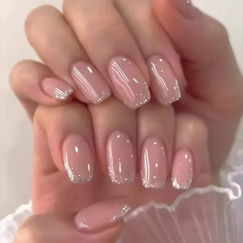24Pcs French Tip Handmade Press On Nails Minimalist Solid Color Fake Nails Medium Square Full Cover Press On Nail Tips With Glue