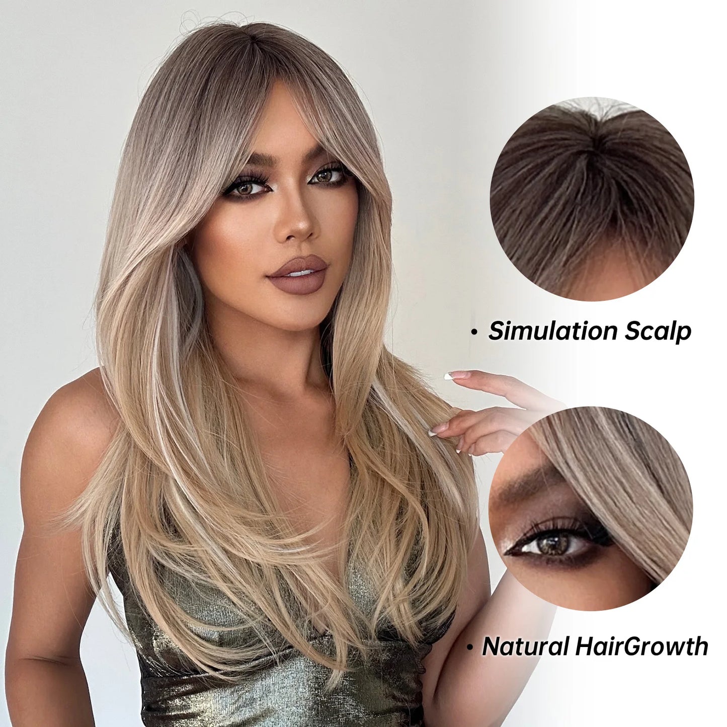 ALAN EATON Long Blonde Wigs for Women Synthetic Hair Wig with Fringe Ombre Color with Dark Roots Layered Wigs Heat Resistant