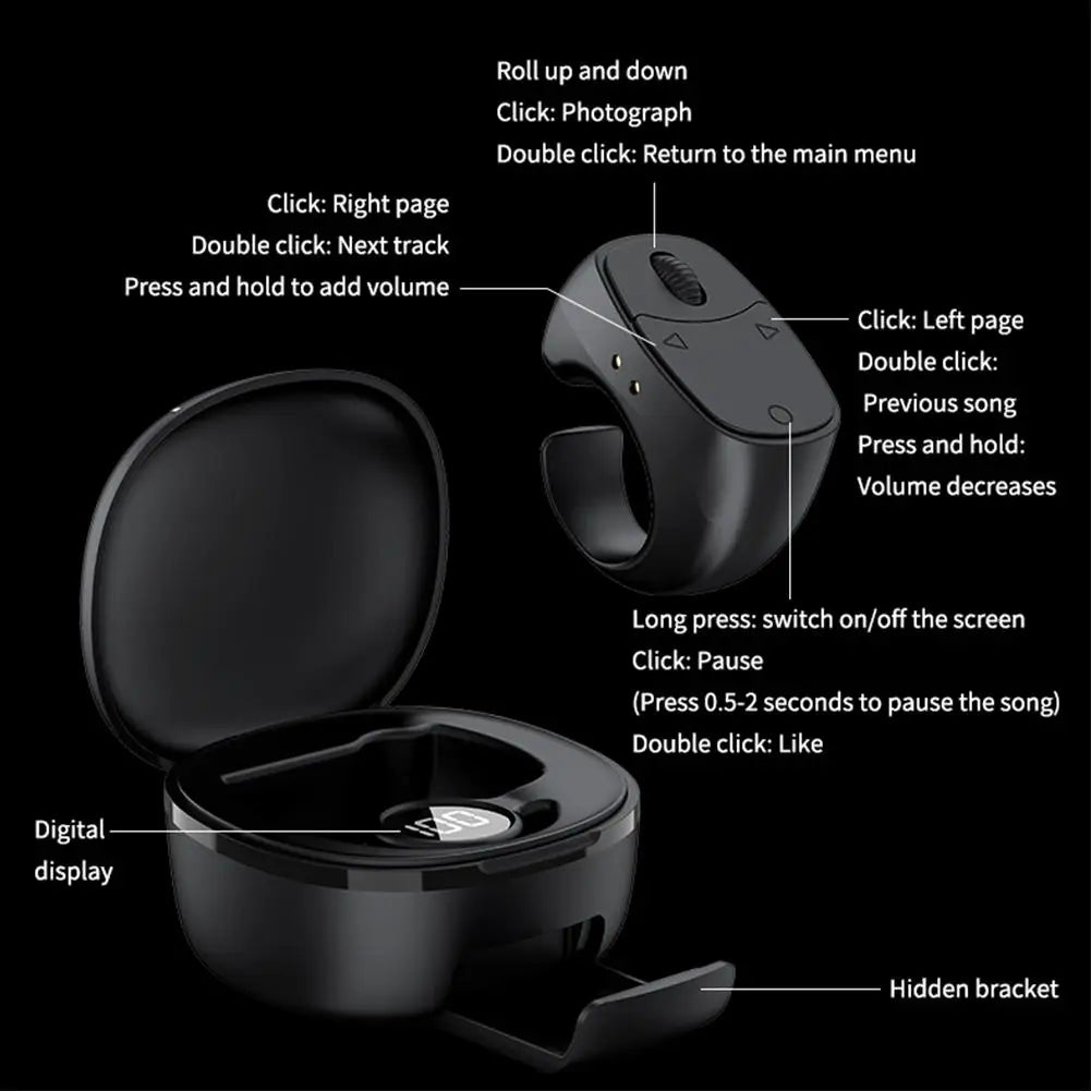Bluetooth Ring Remote Control One Click Selfie Page Turning Roller Fingertip Controller for Phone Liking Scrolling Hands Free