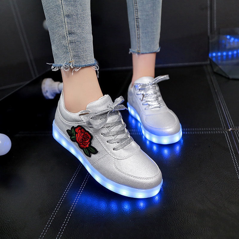 LED Platform Sneakers - Unisex Rose Applique Light Up Shoes