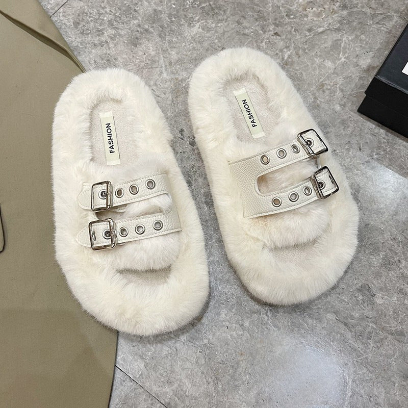 Leather Metal Fluffy Slippers Women's Outer Wear