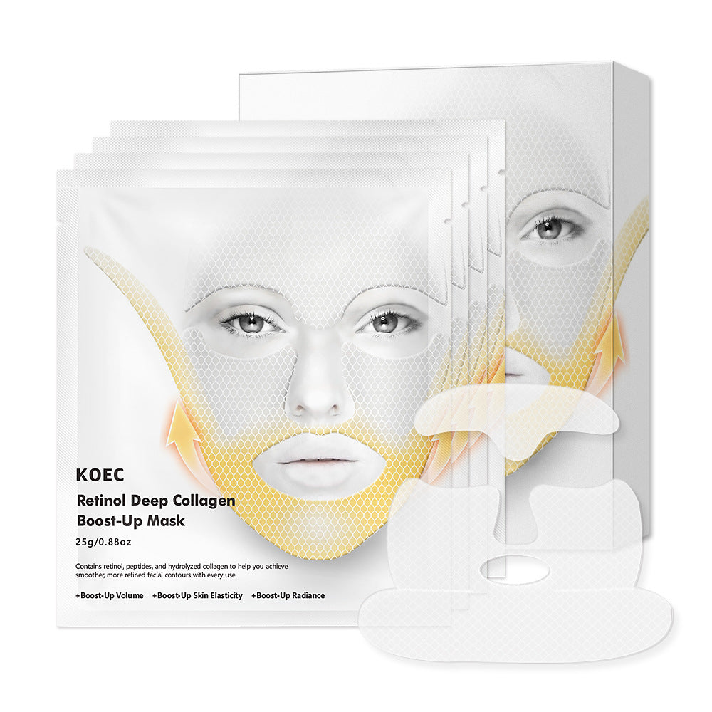 Several white collagen face mask packets and matching box with a face graphic.