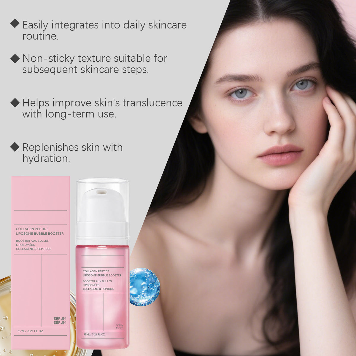 Collagen peptide serum pump bottle next to its pink box and a woman's face with text bullets.
