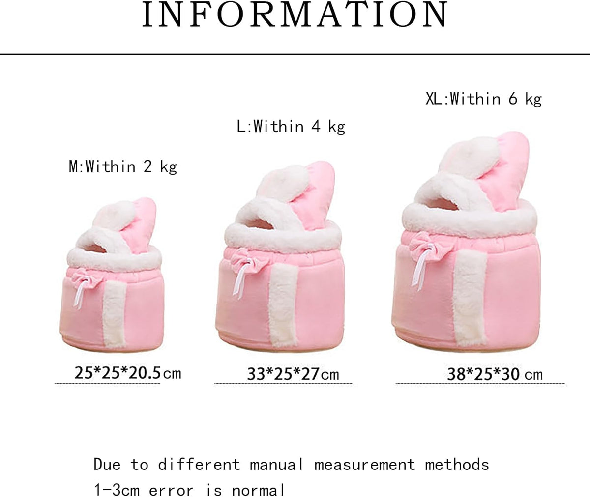 Dog and cat carrier backpack size chart showing M, L, and XL dimensions in pink with plush bunny ears