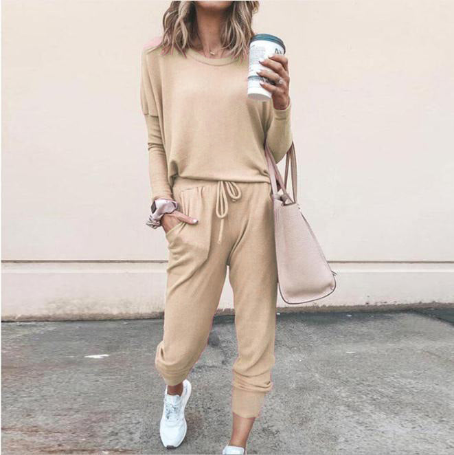 Women’s Casual Chic Lounge Set – Long Sleeve Pullover Top & Drawstring Pants with Pockets – Effortless Style & Comfort”