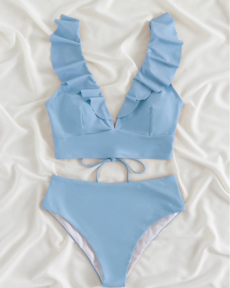 Lace Deep V-Neck Split Swimsuit Bikini - Elegant Two-Piece Beach Swimwear