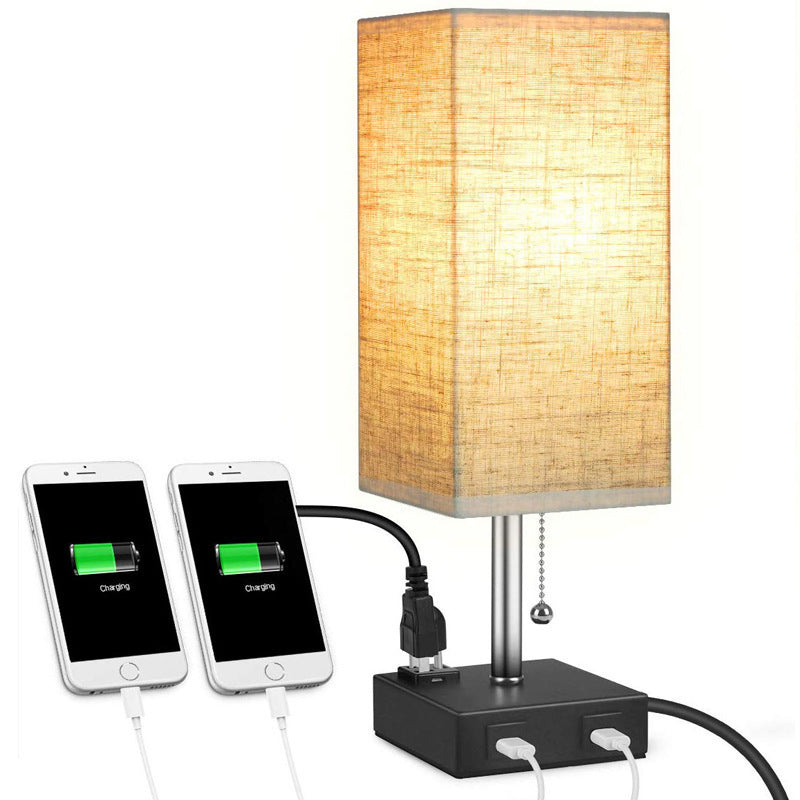 Luxe Bedroom Cozy Fabric Table Lamp with charging ports for phone