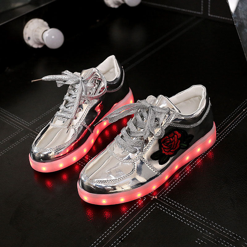 LED Platform Sneakers - Unisex Rose Applique Light Up Shoes