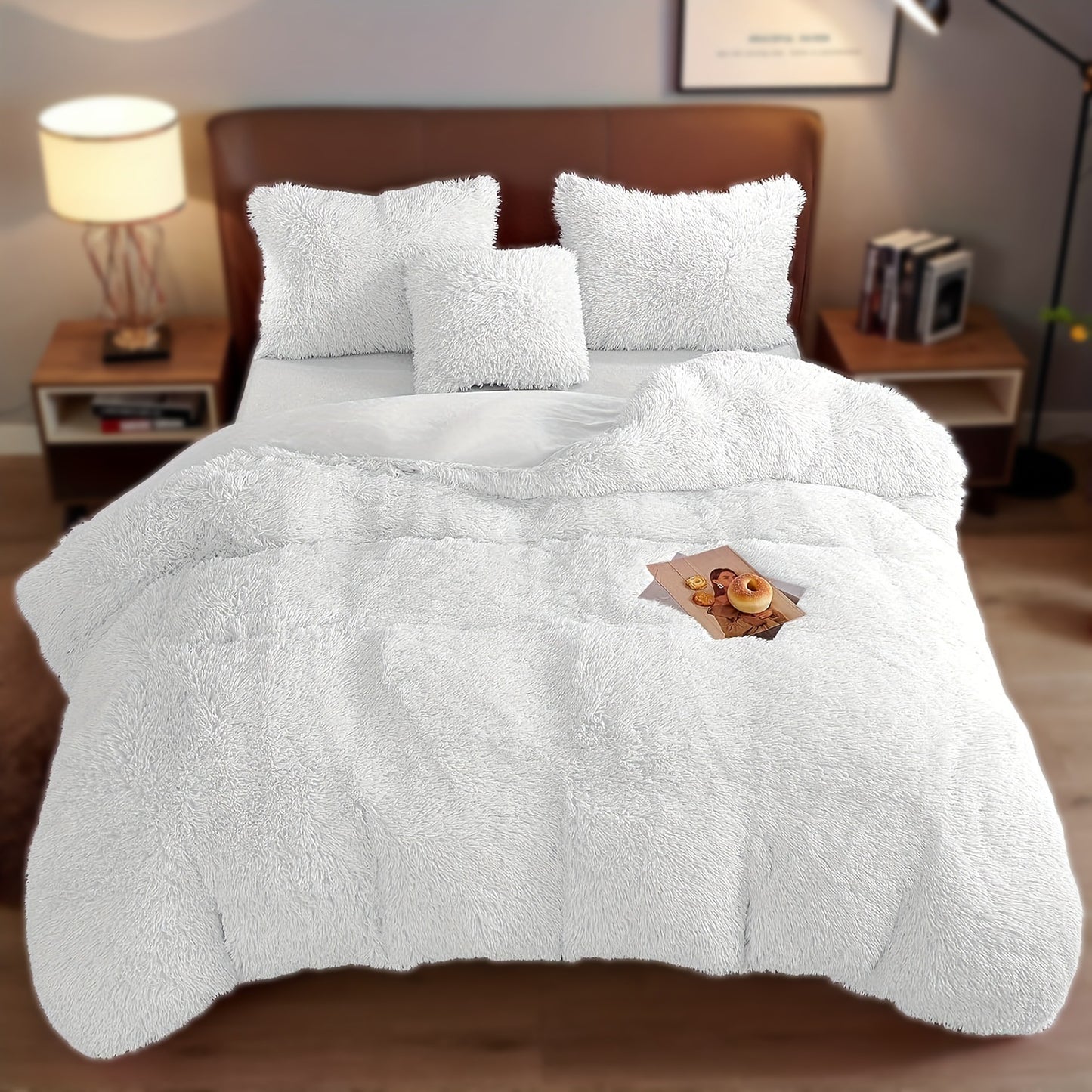 White plush velvet duvet cover set with matching pillows for a cozy bedroom, designed for year-round comfort.
