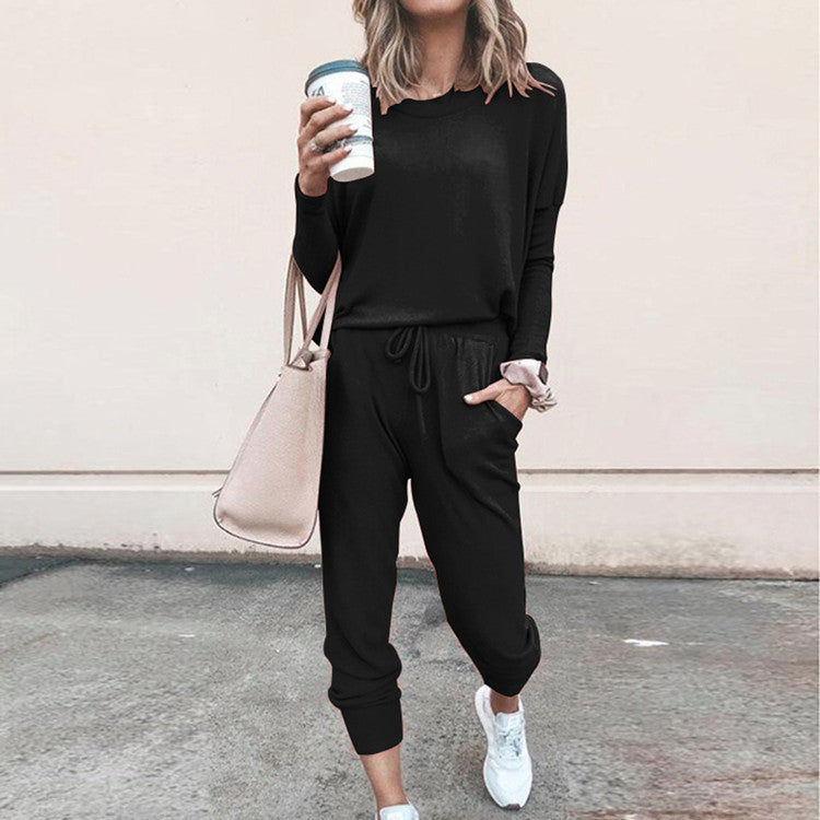 Women’s Casual Chic Lounge Set – Long Sleeve Pullover Top & Drawstring Pants with Pockets – Effortless Style & Comfort”