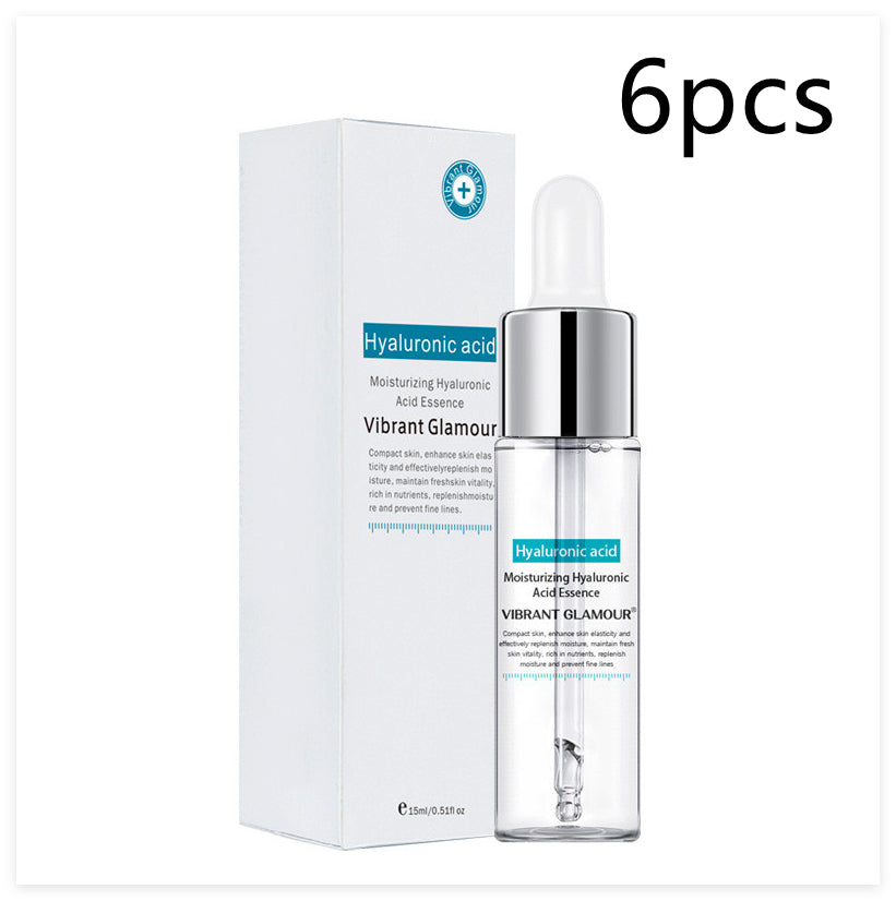 Hyaluronic acid facial serum bottle with dropper next to its matching white box, labeled 6pcs.