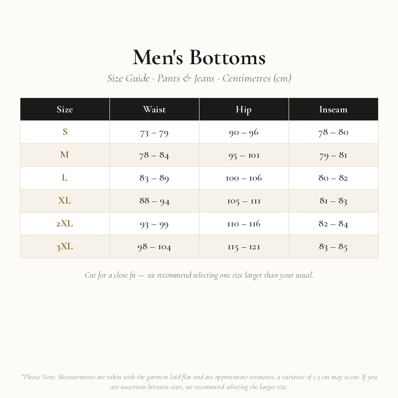 Men's Bottoms Size Chart