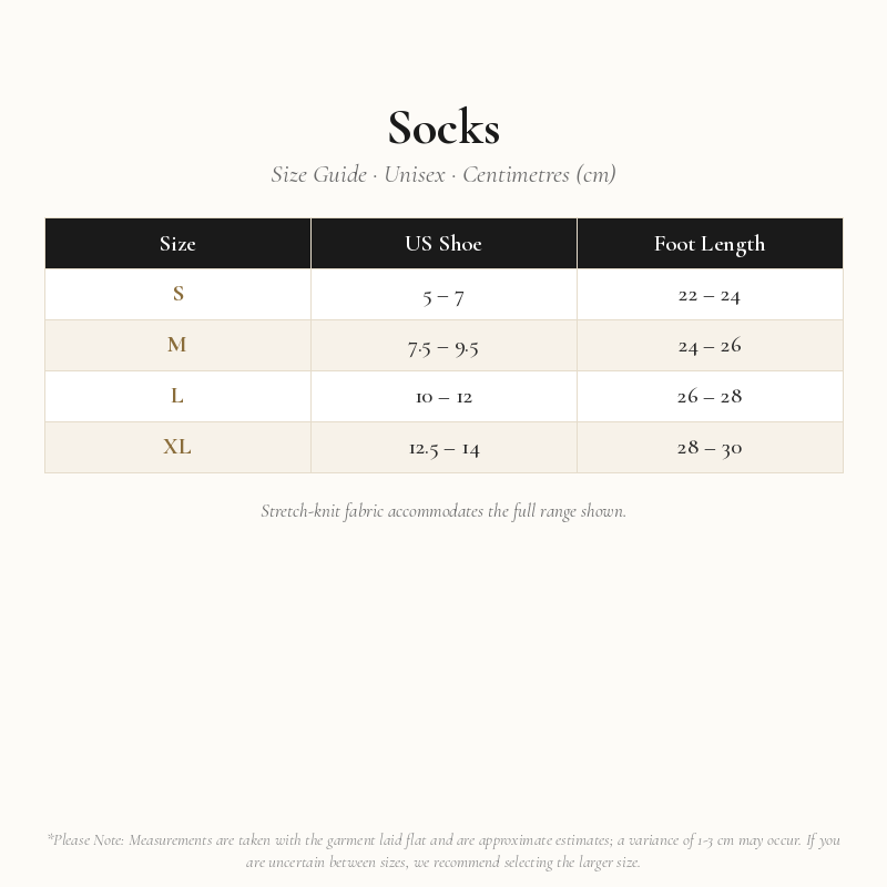 Unisex socks size chart displaying US shoe sizes and foot lengths in centimeters for sizes S to XL.