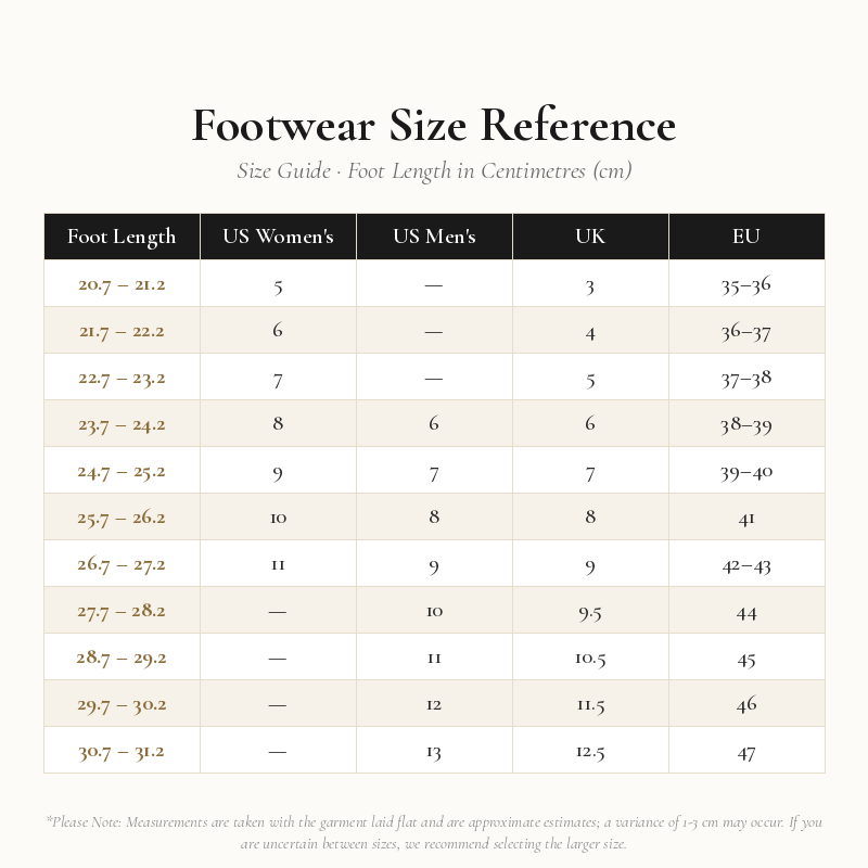 Universal Footwear Size Chart