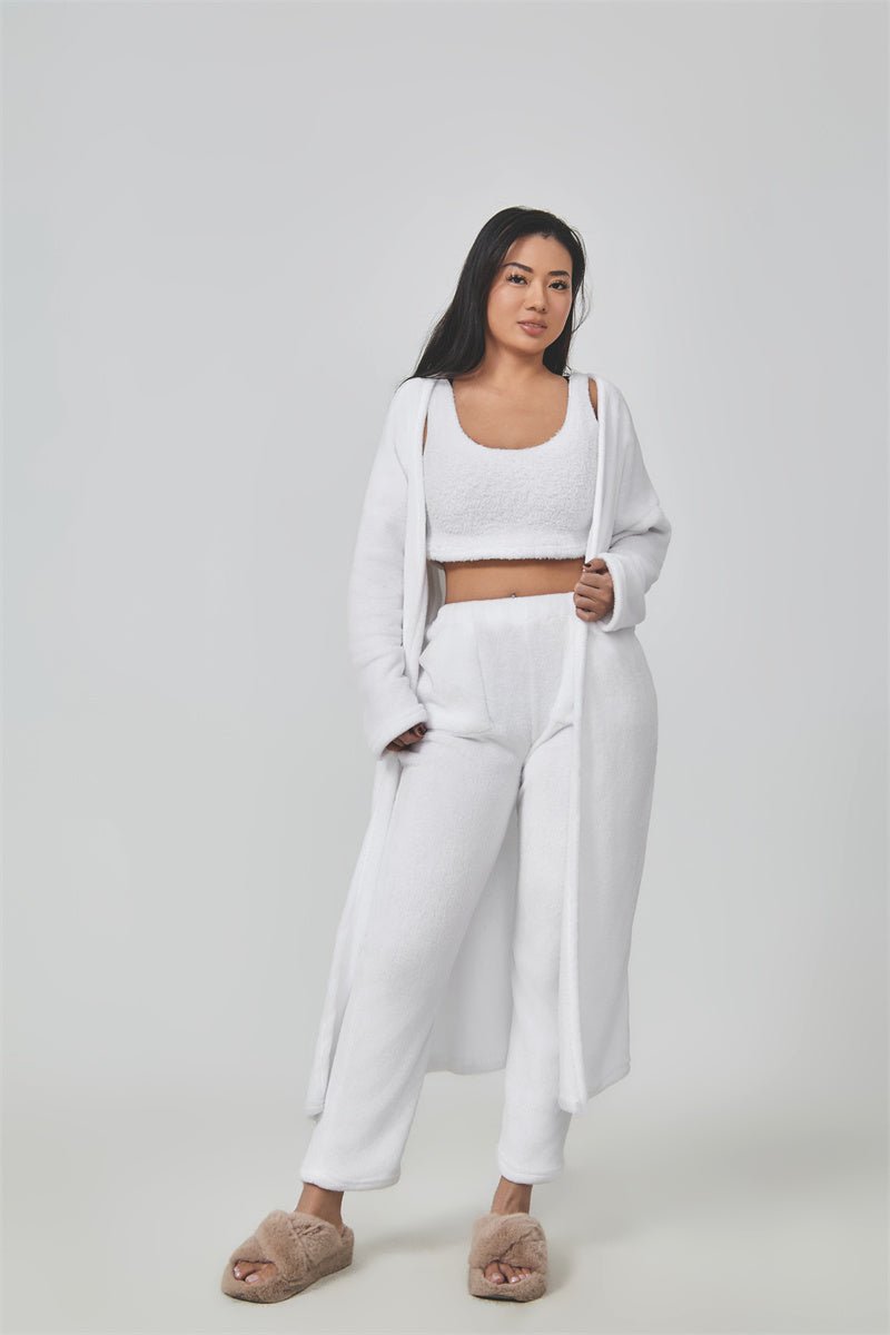 Cozy Pajama Set For Women 3 Piece Lounge Wear Soft Warm Knit Cardigan Crop Top And Wide Leg Pants - merch gone viral.