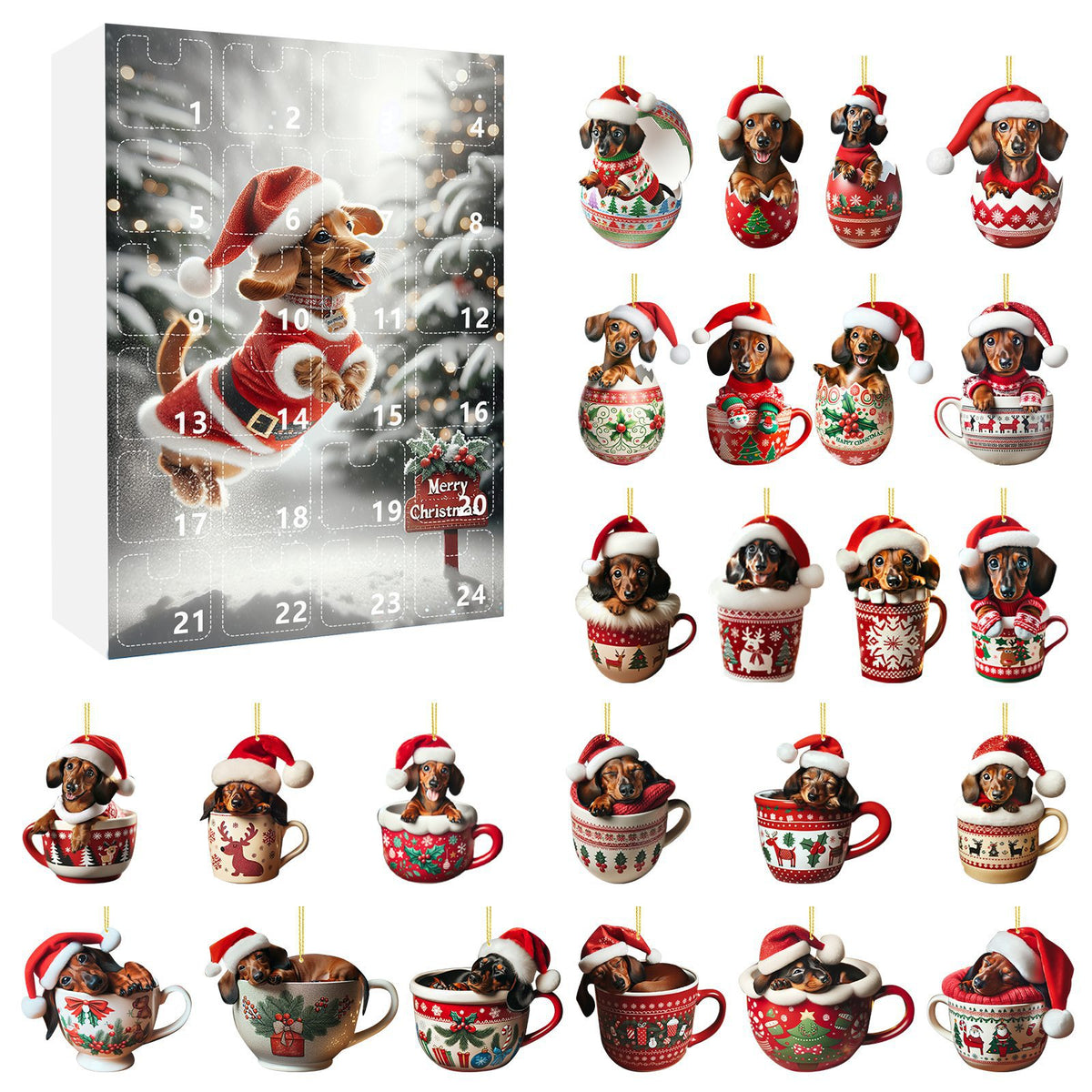 Advent calendar box alongside various dachshund ornaments in Christmas cups and festive eggs.