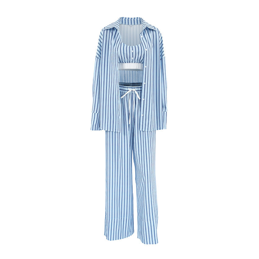 This Is Your Perfect Luxurious Three Piece Suit Set With Striped Tank Top Long Sleeve Shirt And Elastic Waist Trousers.