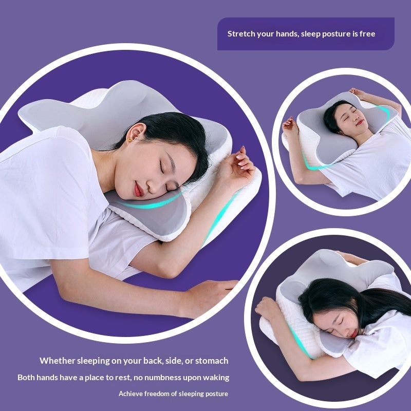 Model sleeping on the contoured neck pillow in back, side and stomach positions