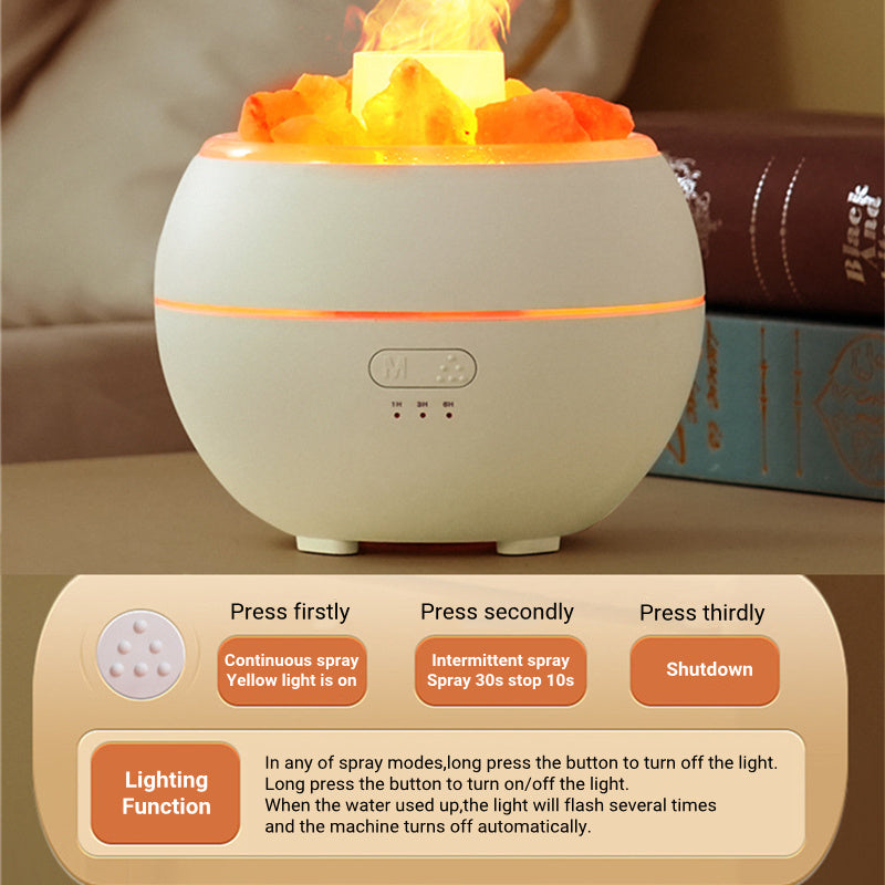 Salt Stone Flame Aromatherapy Humidifier USB Powered 0.5L Round Ultrasonic Quiet 2 To 8 Hour Timer