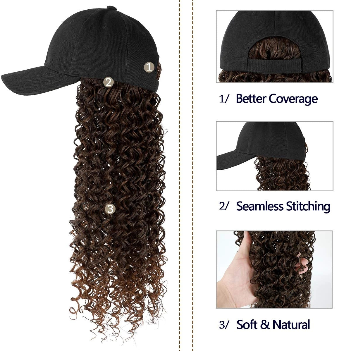 Black baseball cap with attached long curly brown hair extensions and three inset detail views.