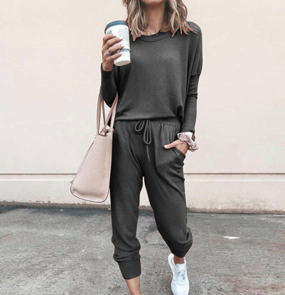 Women’s Casual Chic Lounge Set – Long Sleeve Pullover Top & Drawstring Pants with Pockets – Effortless Style & Comfort”