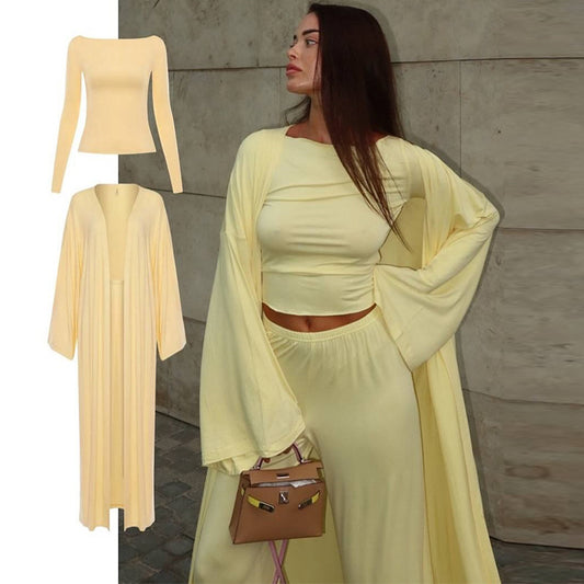 Experience Your Everyday Luxury With This Premium Cardigan Set Of Long Sleeve Top And High Waist Trousers In Wool Blend.