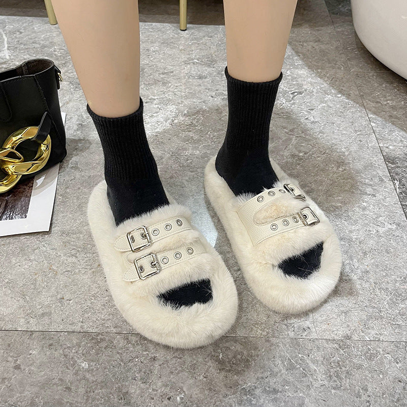 Leather Metal Fluffy Slippers Women's Outer Wear